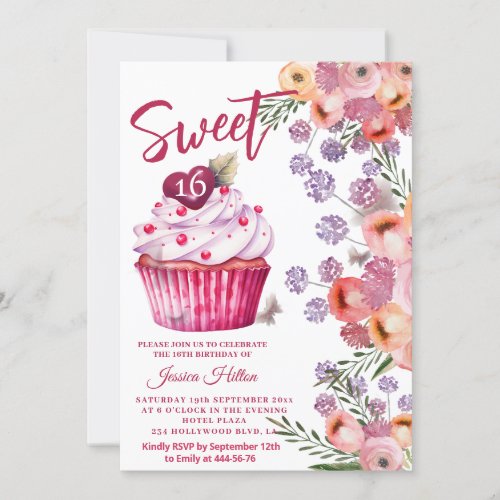 Cute cupcake Spring Butterfly floral  sweet 16 Invitation