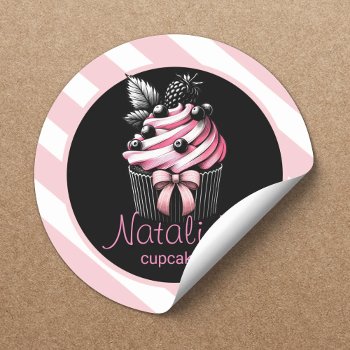 Cute Cupcake Sweet Bakery Girly Pink Stripes Classic Round Sticker by cardfactory at Zazzle