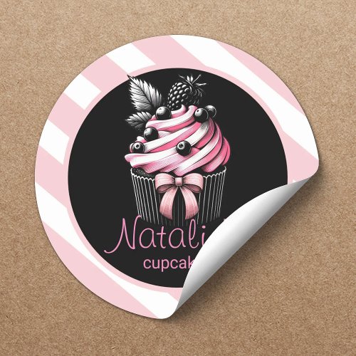 Cute Cupcake Sweet Bakery Girly Pink Stripes Classic Round Sticker