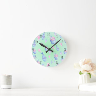cute cupcake Sweet mermaid Birthday party Girly Round Clock