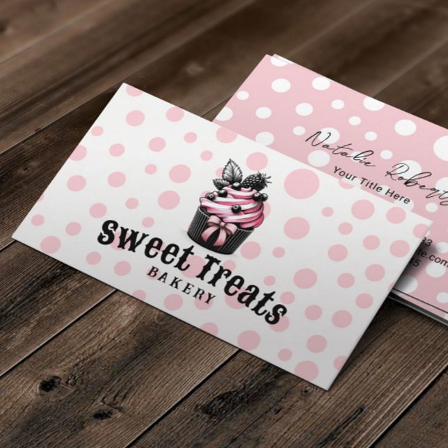 Cute Cupcake Sweet Treats Pink Polka Dots Bakery Business Card (Creator Uploaded)
