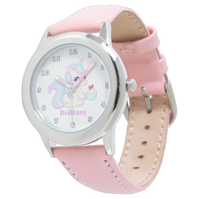 Cute cupcake unicorn girls watch add name (Angled)