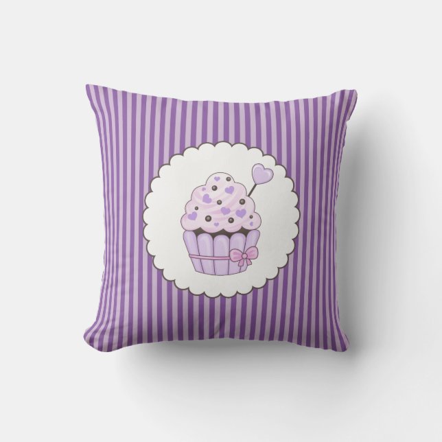 Cute Cupcake With Purple Striped Background Throw Pillow (Front)