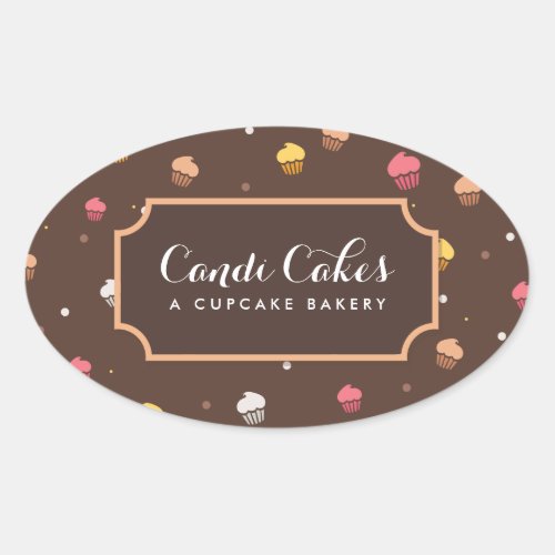 Cute Cupcakes Bakery Pattern Brown Oval Sticker