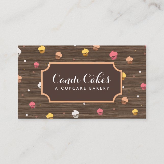 Cute Cupcakes Bakery Pattern Brown Wood Business Card (Front)
