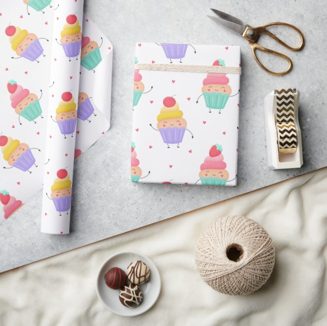 Cute Cupcakes Birthday Party Fun Girly Love Hearts Wrapping Paper (Crafts)