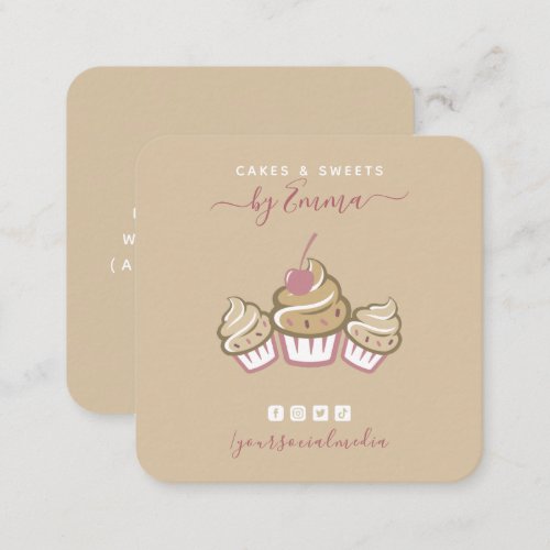 Cute Cupcakes Cream Bakery Social Media Beige Chic Square Business Card