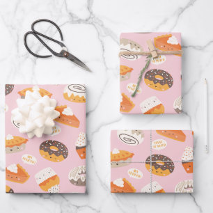 Cute cupcakes, donuts and pies with text wrapping paper sheets