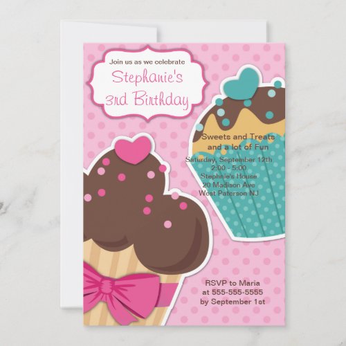 Cute Cupcakes Girls Birthday Party Invitation