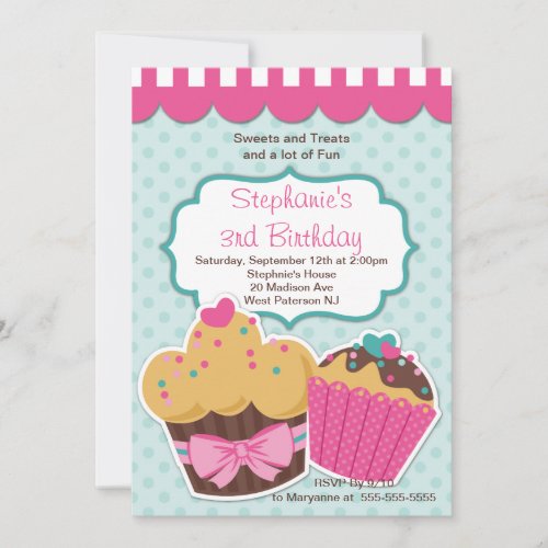Cute Cupcakes Girls Birthday Party Invitation