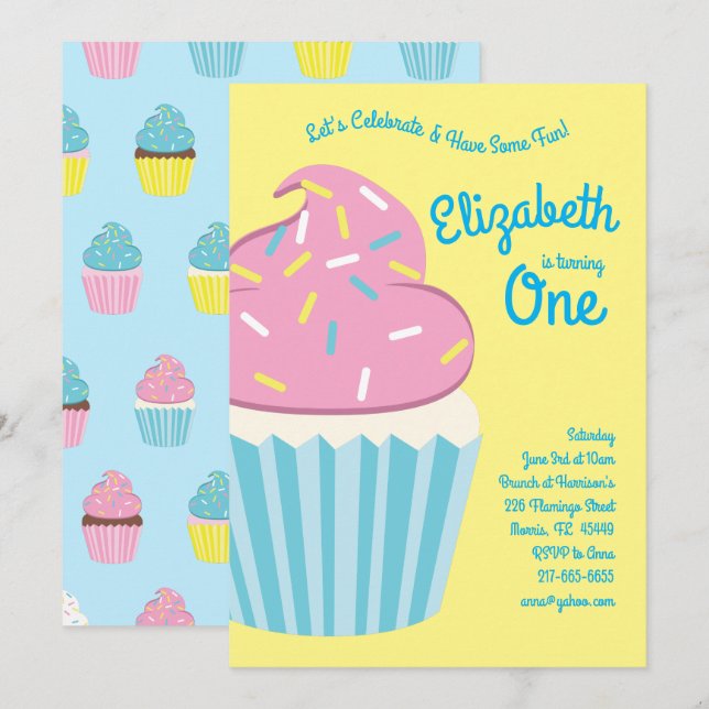 Cute Cupcakes Kids 1st Birthday Party Invitation (Front/Back)