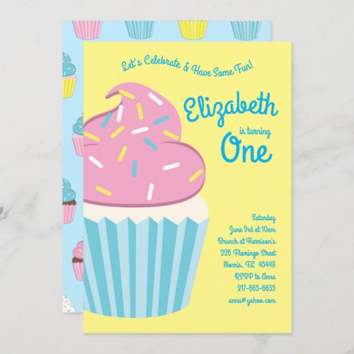 Cute Cupcakes Kids 1st Birthday Party Invitation