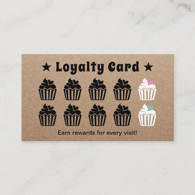 Cute Cupcakes Pastry Bakery Kraft Loyalty Reward Card (Front)