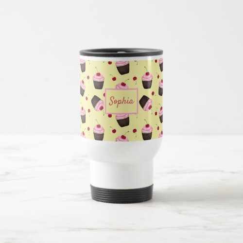 Cute cupcakes pink and yellow add name travel mug