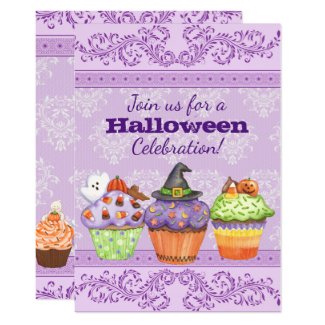 Cute Cupcakes Pretty Purple Halloween Party Invitation