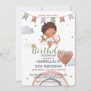 Cute Cupid afro boys Balloon valentine Birthday Invitation
