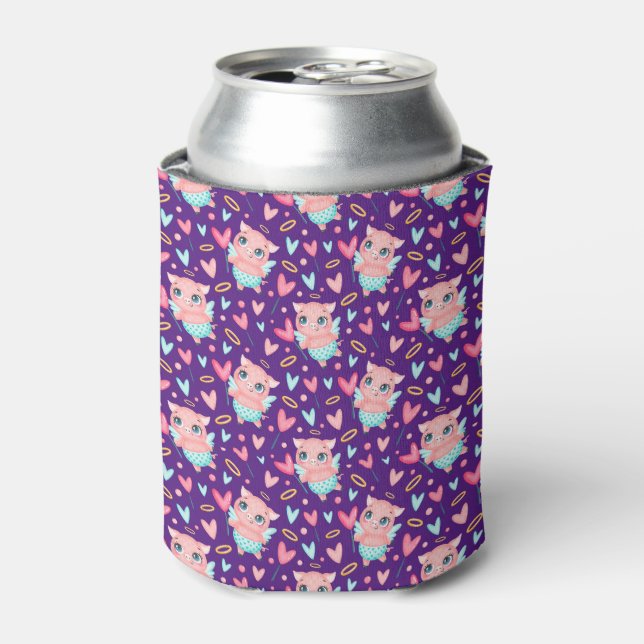 Cute Cupid Pig Whit Hearts Pattern Can Cooler (Can Front)