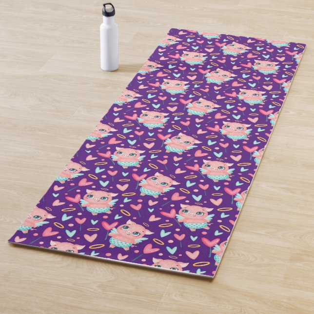 Cute Cupid Pig Whit Hearts Pattern Yoga Mat (In Situ)