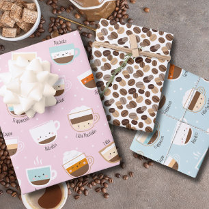 Cute cups of coffee and beans pastel colors wrapping paper sheets