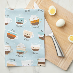 Cute cups of coffee on light blue kitchen towel