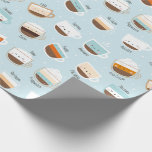 Cute cups of coffee on light blue wrapping paper