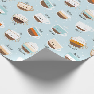 Cute cups of coffee on light blue wrapping paper