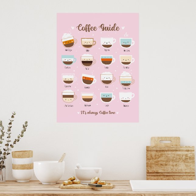 Cute cups of coffee on light pink poster (Kitchen)