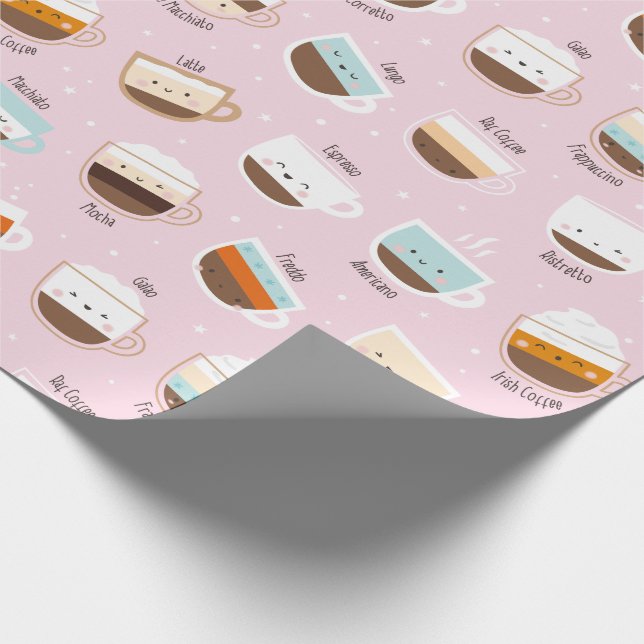 Cute cups of coffee on light pink wrapping paper (Corner)