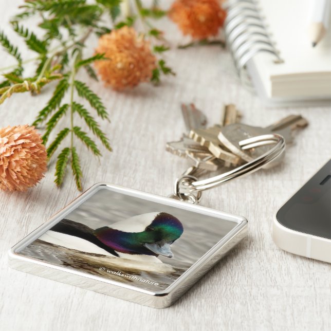 Cute Curious Bufflehead Duck on the Lake Keychain (Side)