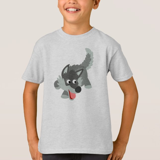 Cute Curious Cartoon Wolf  Children T-Shirt (Front)