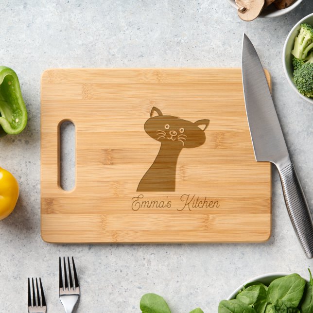 Cute Curious Cat - Personalized  Engraved Cutting Board (Kitchen Counter)