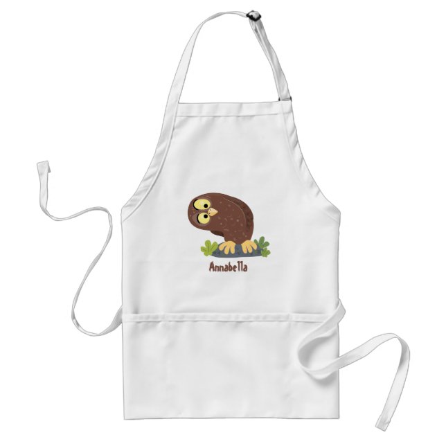 Cute curious funny brown owl cartoon illustration adult apron (Front)