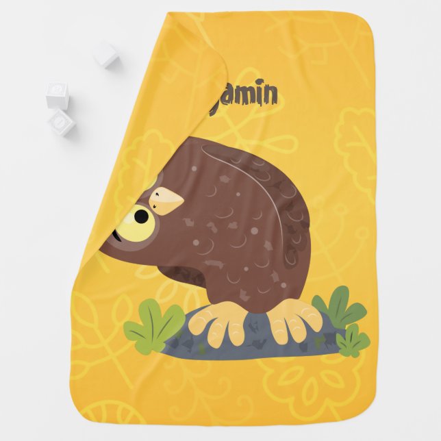Cute curious funny brown owl cartoon illustration baby blanket (In Situ)