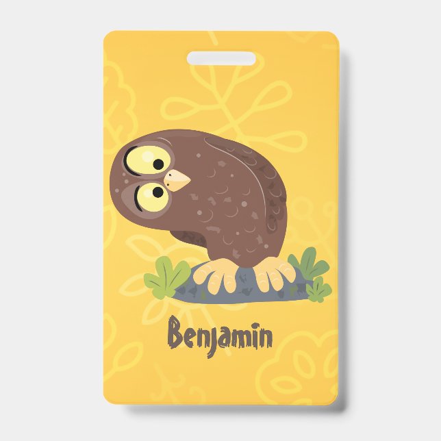 Cute curious funny brown owl cartoon illustration badge (Front)