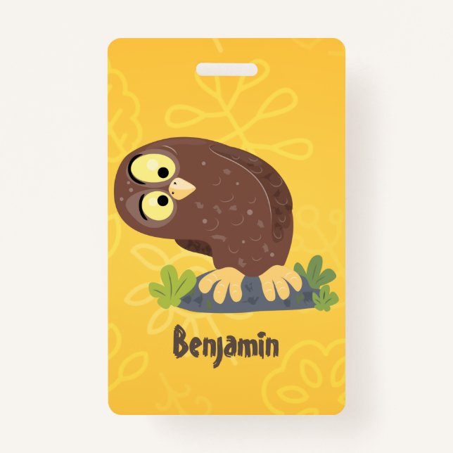 Cute curious funny brown owl cartoon illustration badge (Front)