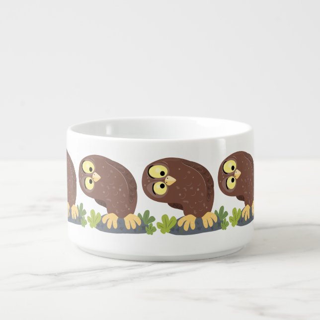 Cute curious funny brown owl cartoon illustration bowl (Center)