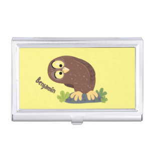 Cute curious funny brown owl cartoon illustration business card case