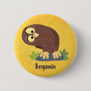 Cute curious funny brown owl cartoon illustration button