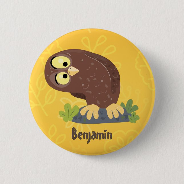 Cute curious funny brown owl cartoon illustration button (Front)