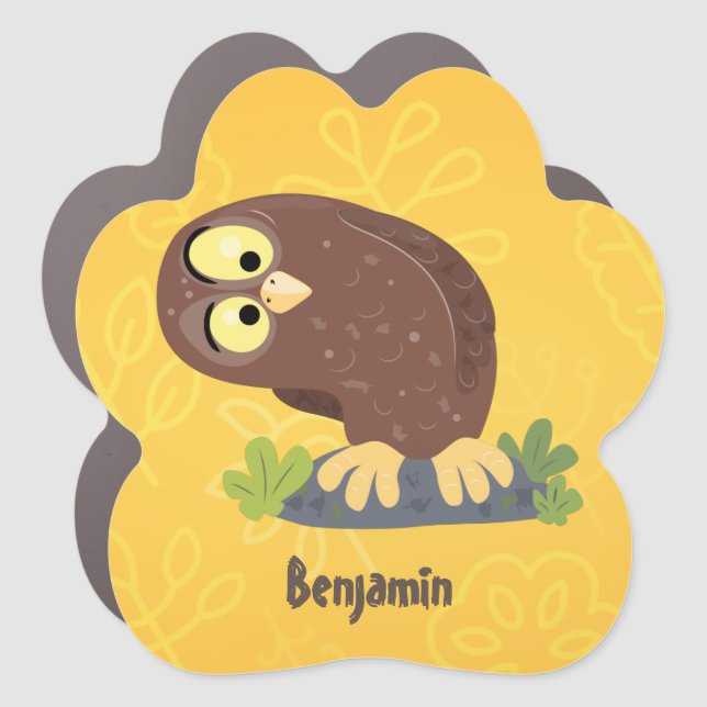 Cute curious funny brown owl cartoon illustration car magnet (Front)