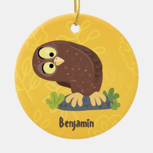 Cute curious funny brown owl cartoon illustration ceramic ornament