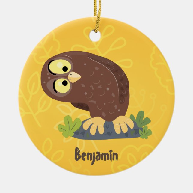 Cute curious funny brown owl cartoon illustration ceramic ornament (Front)