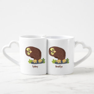 Cute curious funny brown owl cartoon illustration coffee mug set