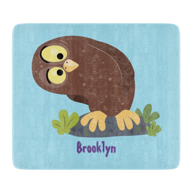 Cute curious funny brown owl cartoon illustration cutting board (Front)