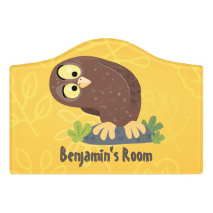 Cute curious funny brown owl cartoon illustration door sign