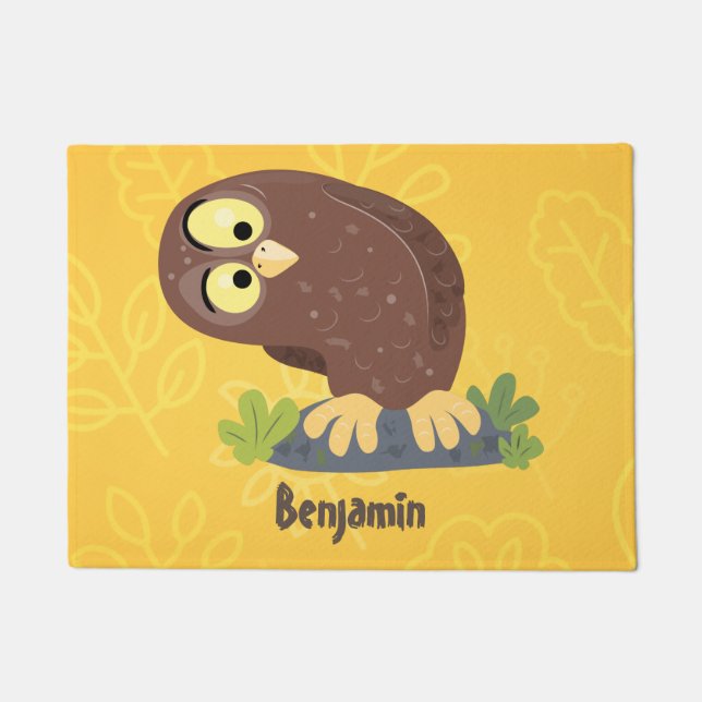 Cute curious funny brown owl cartoon illustration doormat (Front)