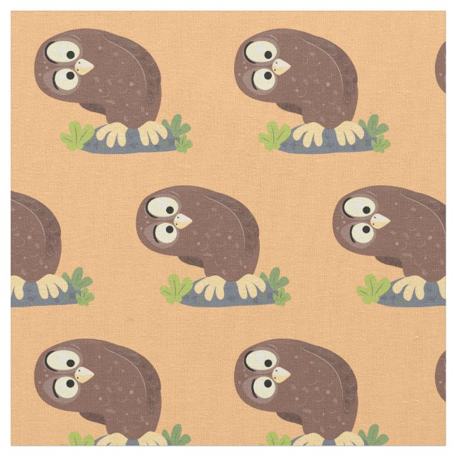Cute curious funny brown owl cartoon illustration fabric (Close Up)