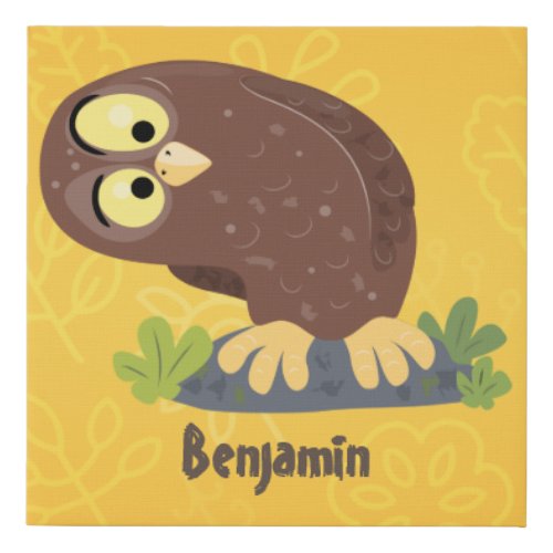 Cute curious funny brown owl cartoon illustration faux canvas print