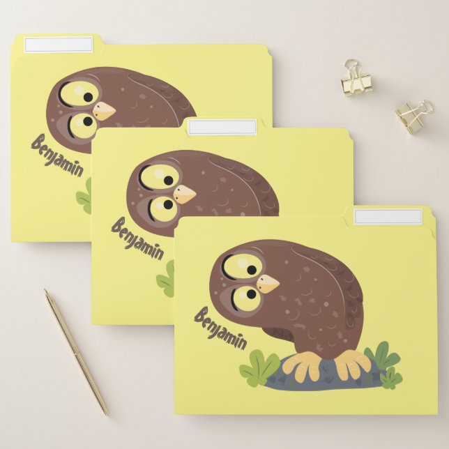 Cute curious funny brown owl cartoon illustration file folder (Set)