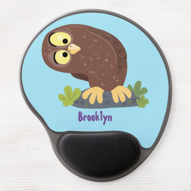 Cute curious funny brown owl cartoon illustration gel mouse pad (Front)